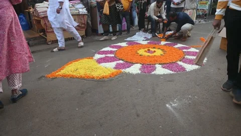 People making flower rangoli Stock Footage 233410755