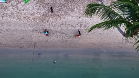 People making a message with text Not Home written in sand on a tropical beach Video stock 334693007
