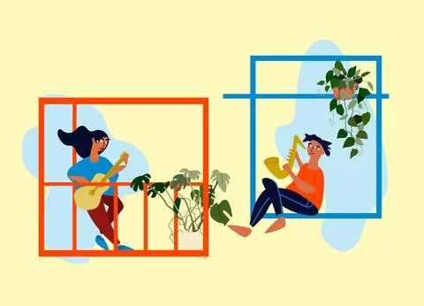People making musical performance from their windows and balconies. Social .. Stock Illustration