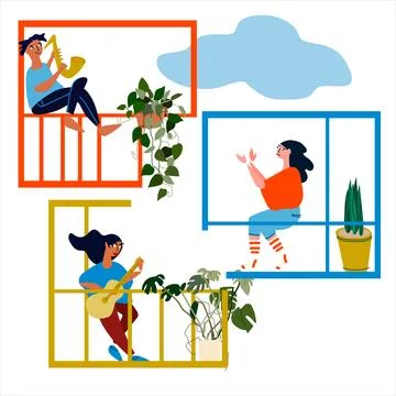 People making musical performance from their balconies. Social distancing d.. Stock Illustration