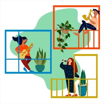 People making musical performance from their balconies. Social distancing d.. Stock Illustration