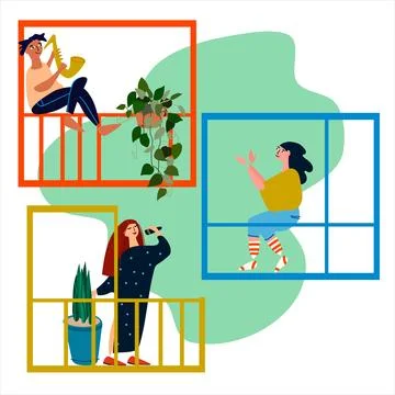 People making musical performance from their balconies. Social distancing d.. Stock Illustration