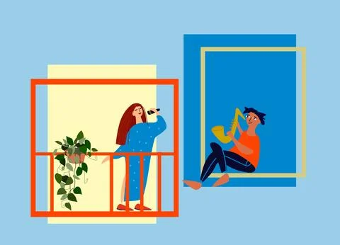 People making musical performance from their windows and balconies. Social .. Stock Illustration