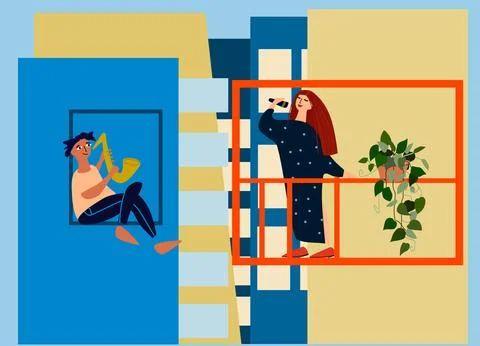 People making musical performance from their windows and balconies. Social .. Stock Illustration