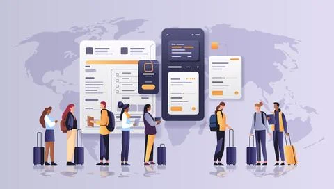 People making payments with debit or credit cards in computer app financial Illustrazione stock