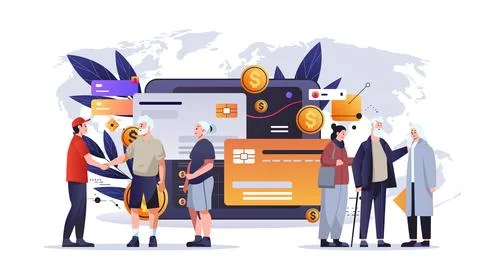 People making payments with debit or credit cards in computer app financial Stock-Illustration