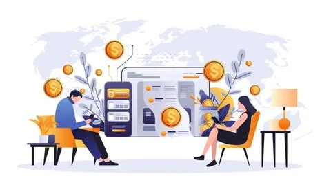 People making payments in mobile app financial trust money protection security Illustrazione stock