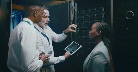 People, manager and tablet in server room for programming, engineering and cloud Stock Footage 262005848