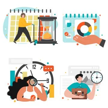 People managing working time, vector isolated illustration. Calendar, clock Stock Illustration