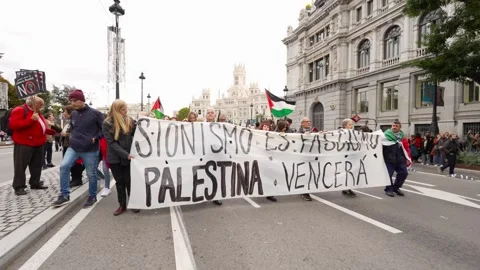 People marching with banner during Pro-Palestine March in Madrid_2 스톡 동영상 254368336