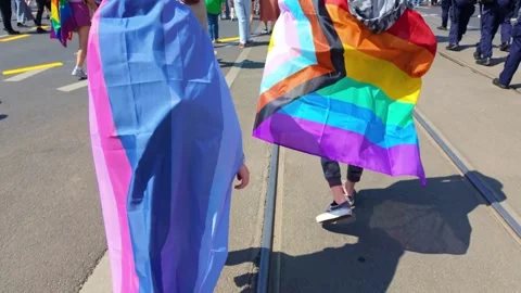 People marching with pride flags down city street parade Stock Footage 331448728