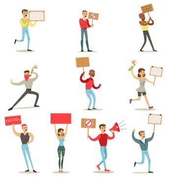 People Marching In Protest With Banners, Protesting And Being Extremists Ilustração Stock