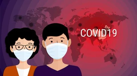 People in medical mask on world map background. Wuhan coronavirus outbreak co Stock Illustration