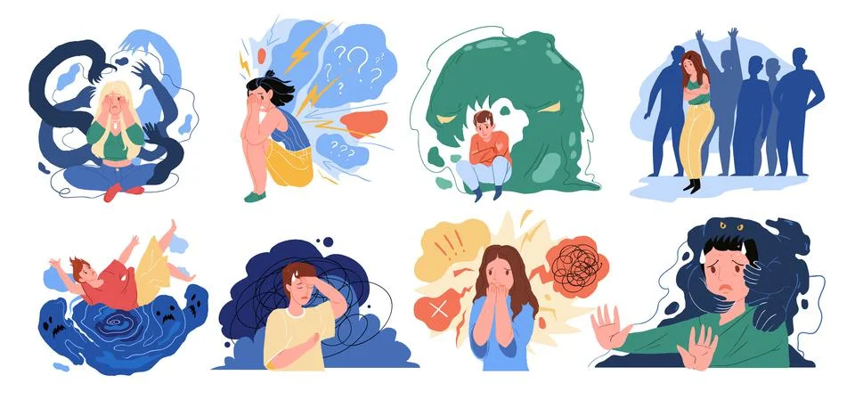 People with mental problem, paranoia feeling set Stock Illustration
