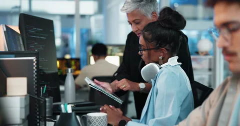 People, mentor and computer programmer in office for teamwork, problem solving Stock Footage 309070536