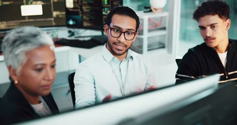 People, mentor and developer with computer in office of programming, information Stock Footage 309143471