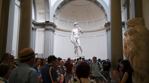 People by Michelangelo David statue in Florence Accademia art museum, Italy Stock Footage 120028850