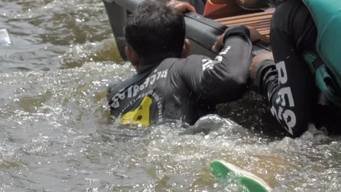 People migrate to safe area during a big flooding Stock Footage 96232094