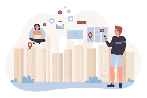 People with mobile phones, using smart city technology, urban landscape with Illustration
