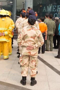 People in mock disaster drill Stock Photos