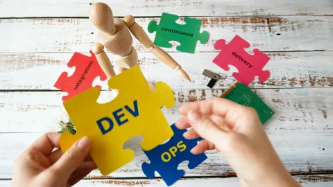 People models and puzzle with Dev and Ops words. DevOps Concept for software Stock Footage 124427260