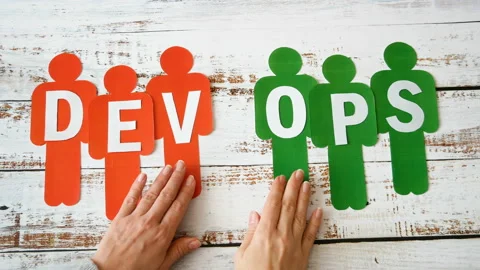 People models and puzzle with Dev and Ops words. DevOps Concept for software Stock Footage 124428188