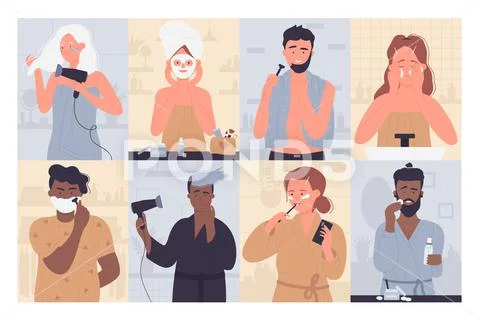 People in morning routine, cartoon young woman characters brushing teeth in Stock Illustration