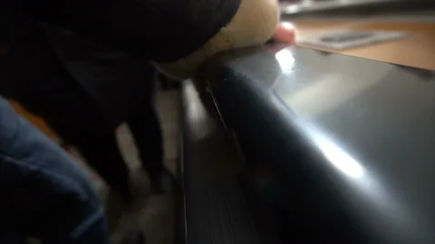 People move on an escalator,human hand on the railing Video stock 99478455