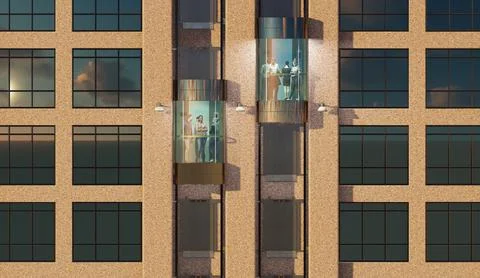 People move in the outdoor elevators of a multi-storey municipal building Ilustración de archivo