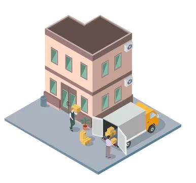 People moving and loading packed boxes, house hunt, flat vector isometric Stock Illustration