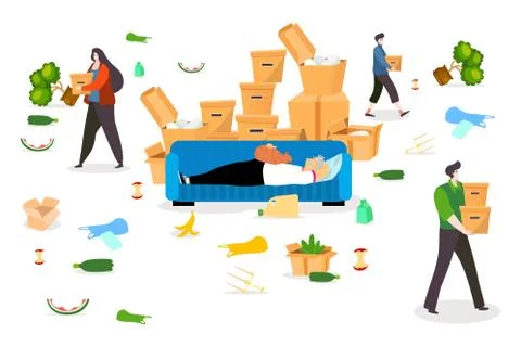 People moving mess house elements, vector illustration. Man woman family 스톡 일러스트
