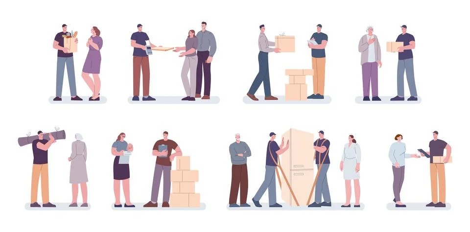 People moving new flat with cargo. Food delivery boy service, parcels and cargo 스톡 일러스트