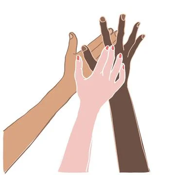 People multi ethnic hands holding together, friendly team work at meeting. Ed Stock Illustration