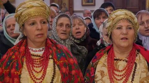 People in National Clothes at Holy Mountains Lavra Senior Aged Women in Red Stock Footage 59140180