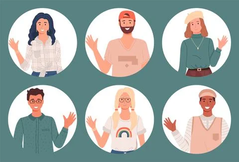 People in national clothes in round frames. Multicultural characters show Illustrazione stock