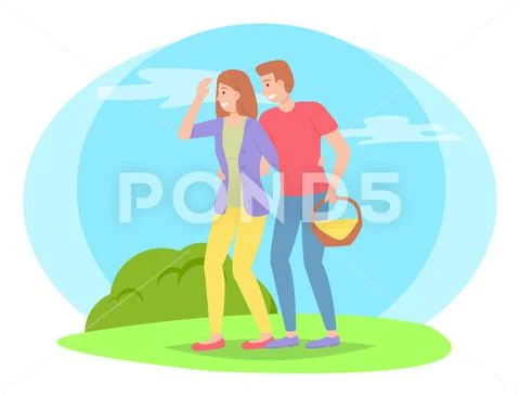 People in nature, picnic, man carries basket of food. Summer day off, flat image Stock Illustration