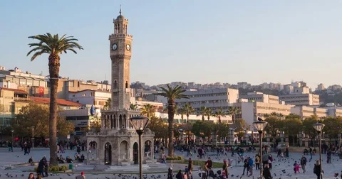 People near clock tower of Izmir at evening timelapse, - Izmir, Turkey, 23.11 스톡 동영상 83228853