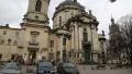 People near Dominican church and monastery in Lviv, Western Ukraine HD Footage
