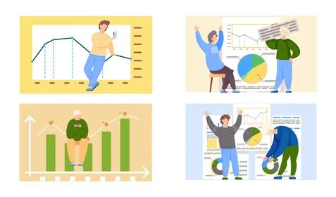 People near report, video game player scenes set. Presentation of business Stock Illustration