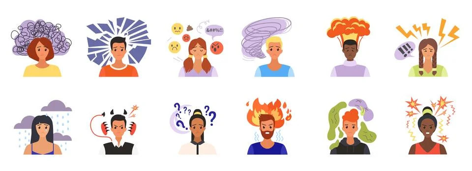 People with negative thinking set, man and woman with bad mood and weather over Illustrazione stock