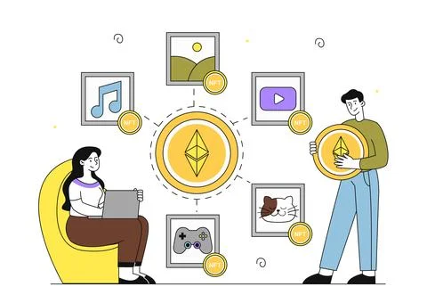 People with nft digital token. Man and woman with cryptocurrency. Digital Stock Illustration