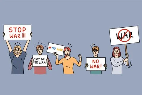 People with No War banners on protest Illustrazione stock