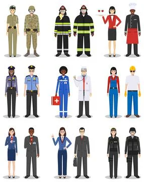 People occupation characters set in flat style isolated on white background. Illustrazione stock