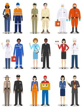 People occupation characters set in flat style isolated on white background. Illustrazione stock