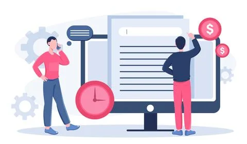 People with online document. Two men near computer monitor. Electronic storage Stock Illustration