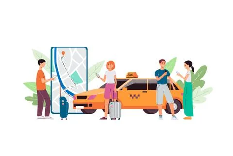 People ordering car using mobile application, flat vector illustration isolat Illustrazione stock