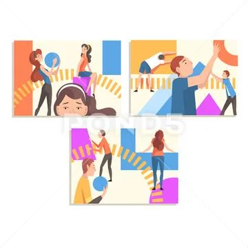 People Organizing Colorful Abstract Geometric Shapes Set, Men and Women Holding Stock Illustration