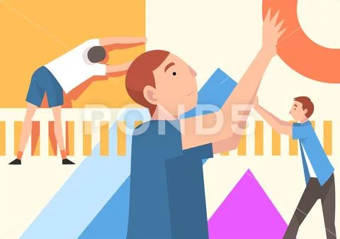 People Organizing Colorful Abstract Geometric Shapes, Young Men Holding Stock Illustration