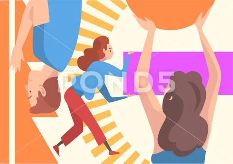 People Organizing Colorful Abstract Geometric Shapes, Men and Women Holding Stock Illustration