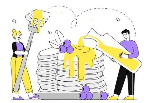 People with pancakes vector linear Illustrazione stock